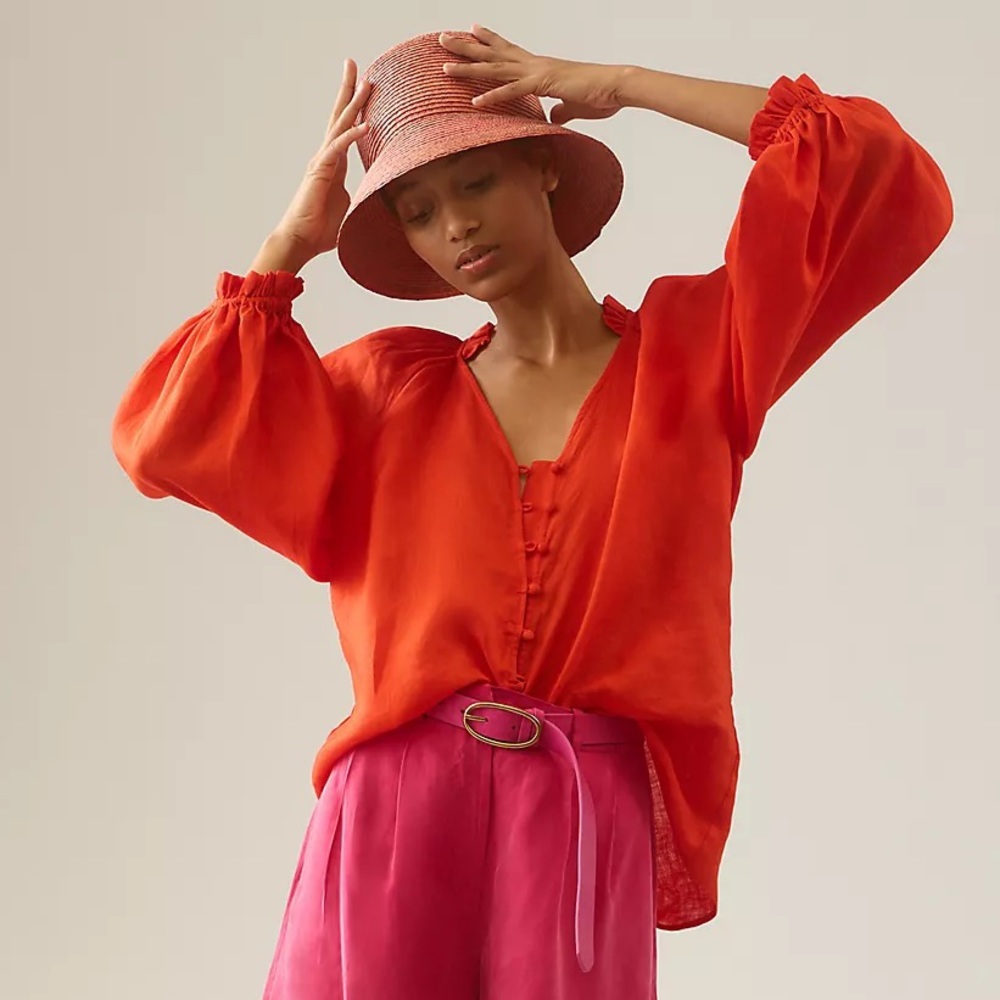 NWT The Audie Linen Puff-Sleeve Blouse Size S